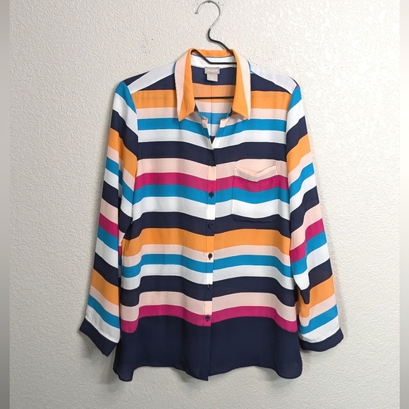 Chico's Multicolor Striped Chiffon Button Down Blouse Collared Long Sleeve 12/14 - Picture 1 of 11